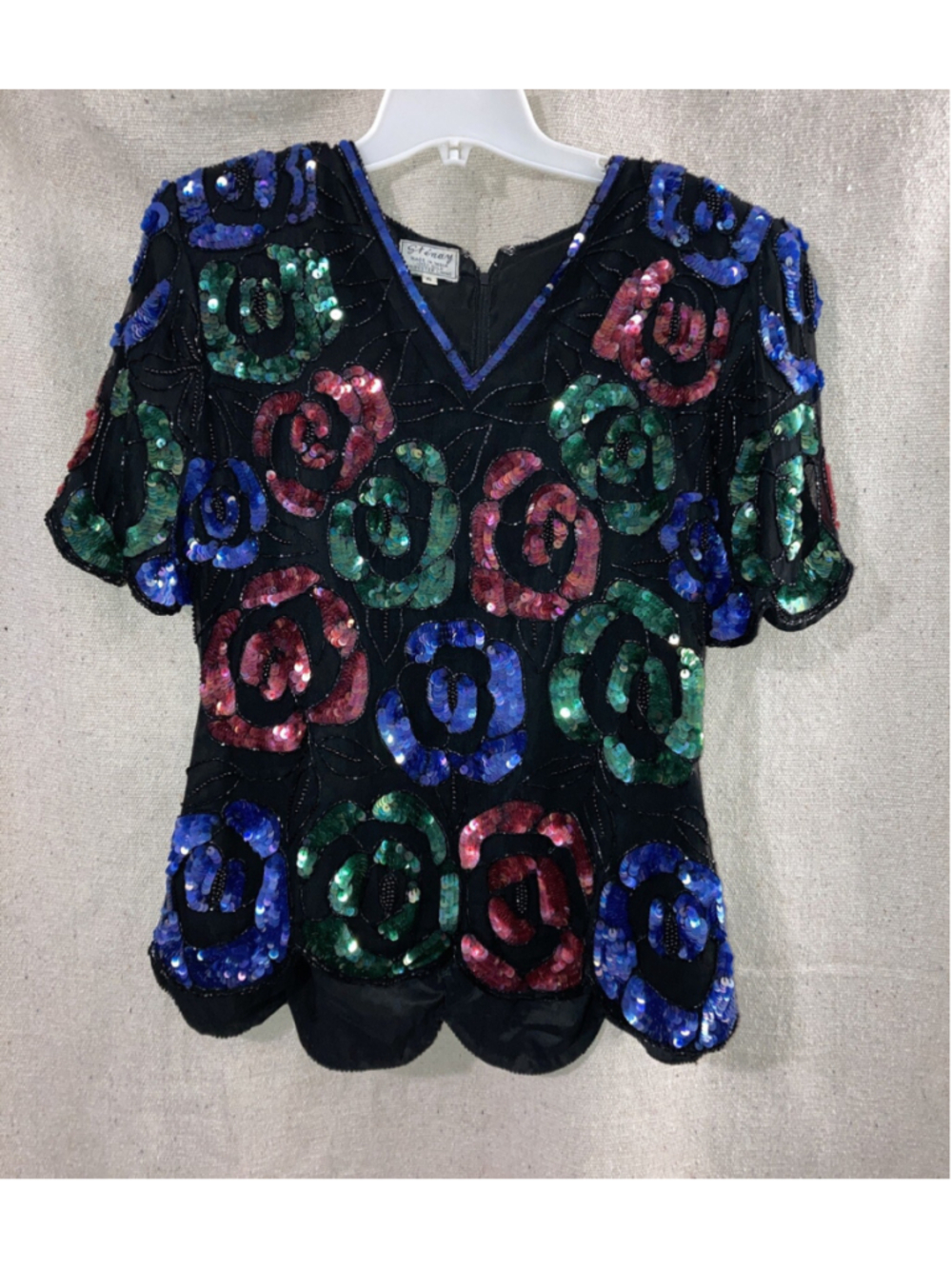 Vintage Stenay Sequin beaded black silk blouse Christmas Pink Blue Top Women’s S